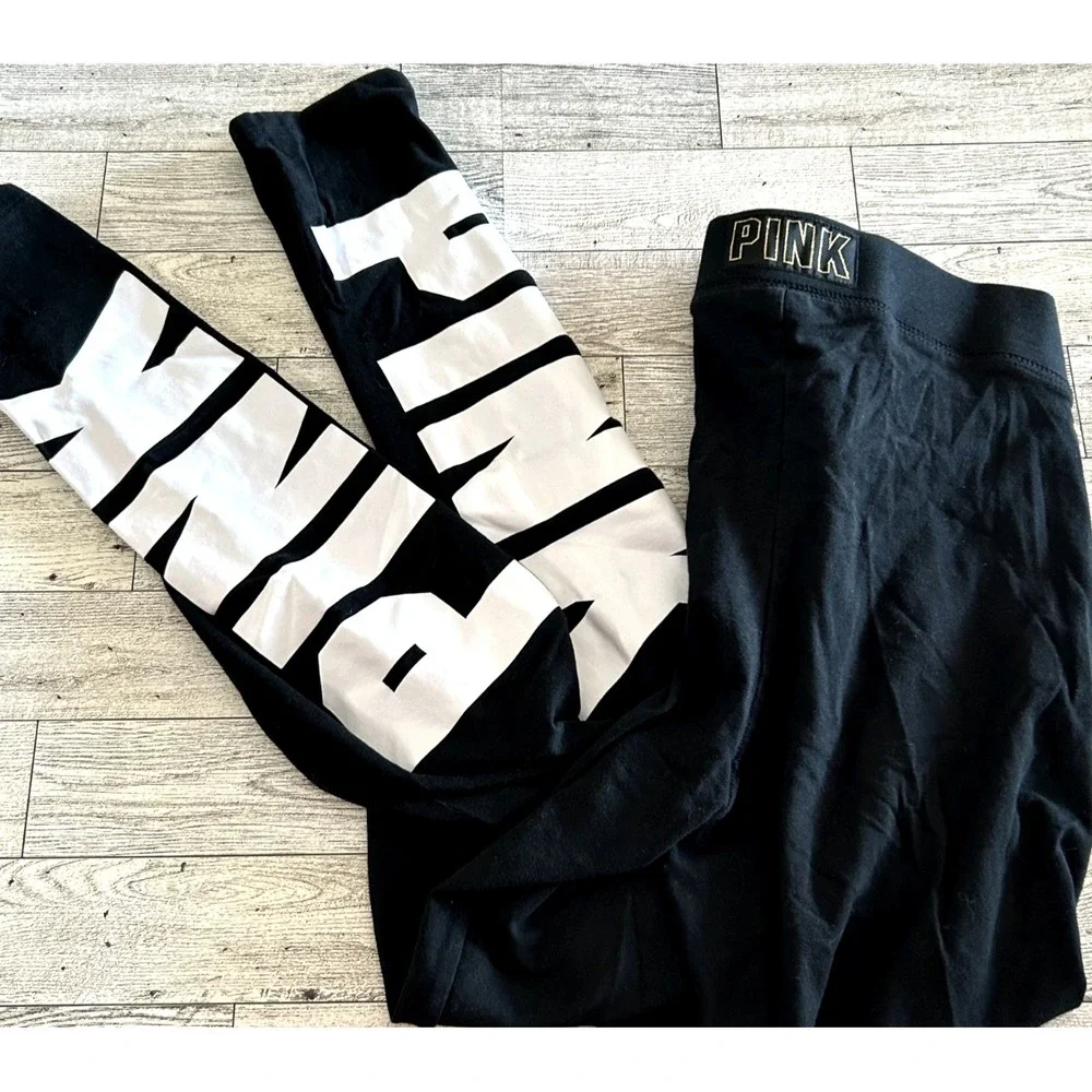 Womens Victoria's Secret Pink Logo Ankle Leggings Black Spell Out on Sides SMALL